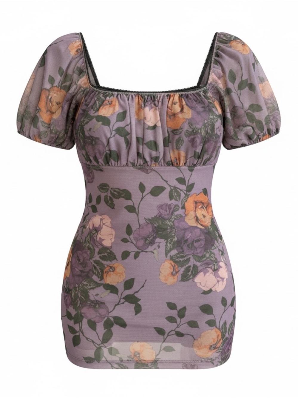 Maeve Lavender Floral Puff-Sleeve Square-Neck Blouse